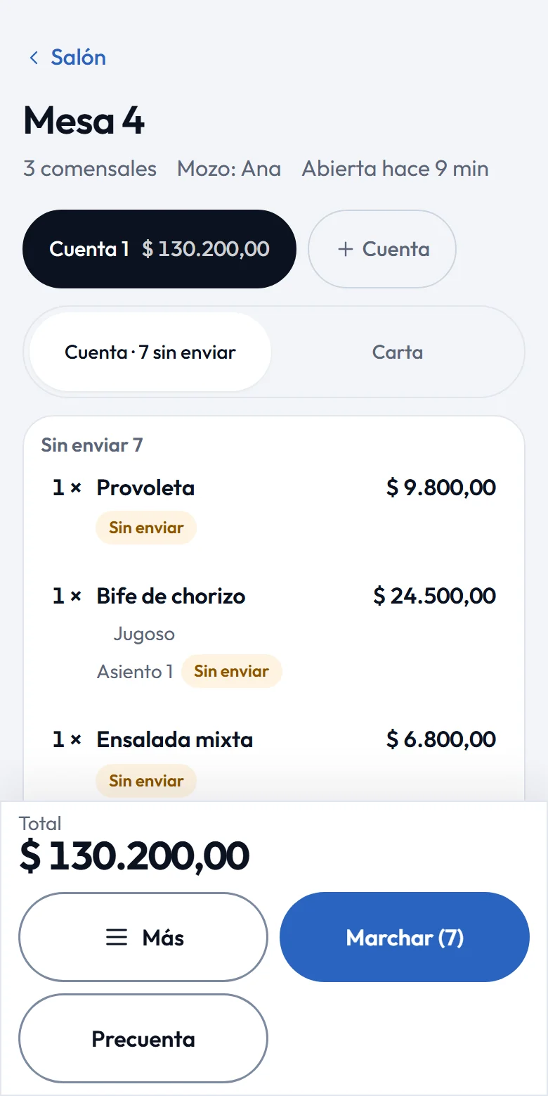 La comandera de Aegir en el celular de la moza: la mesa 4 con tres comensales, los platos sin enviar con el punto de cocción y el asiento, el total y el botón para marchar